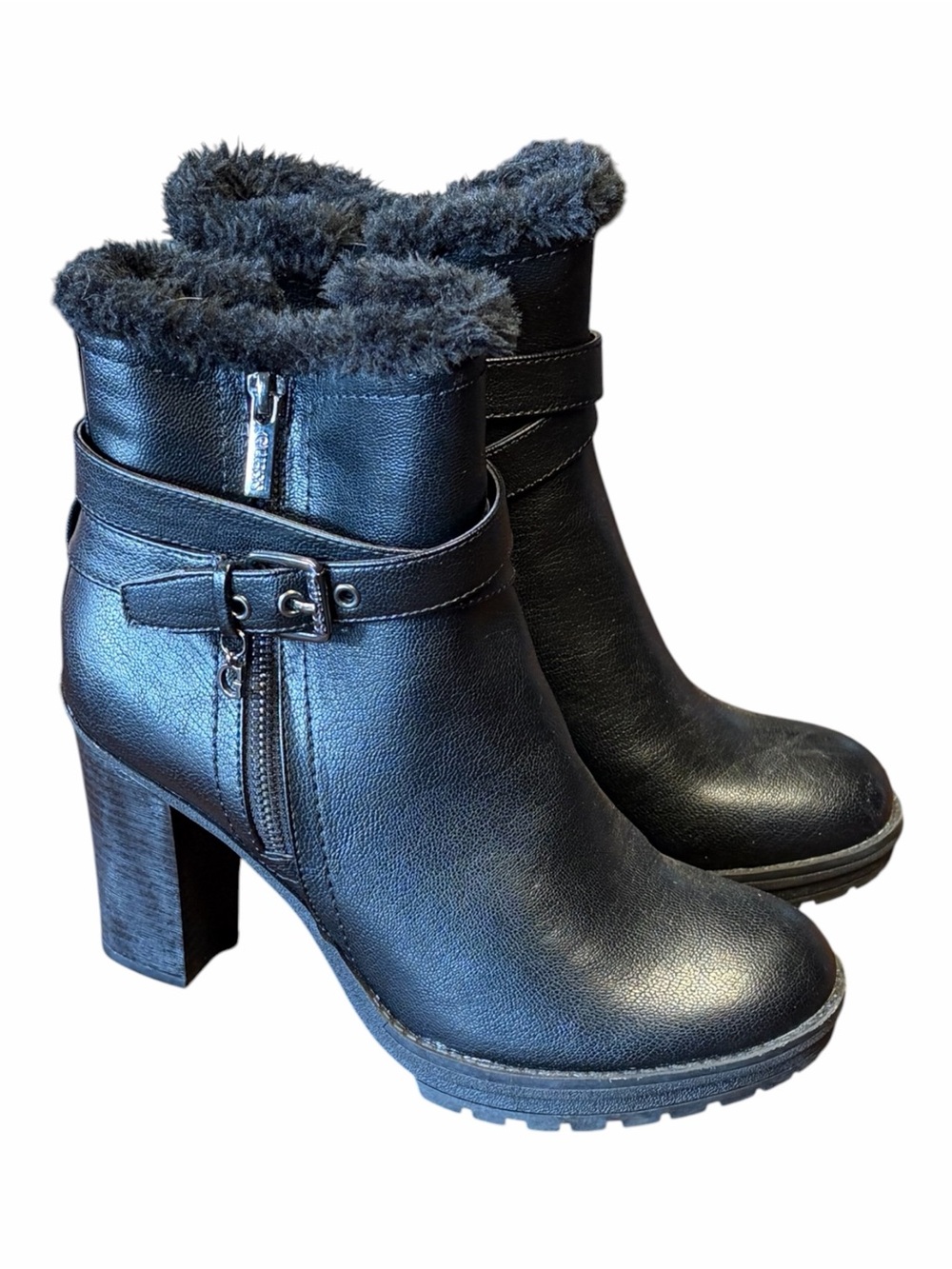 GUESS Black Faux Fur Trim Buckled Heeled Ankle Boots Size 7.5